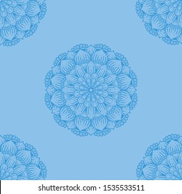 The blue background is decorated with mandala designs