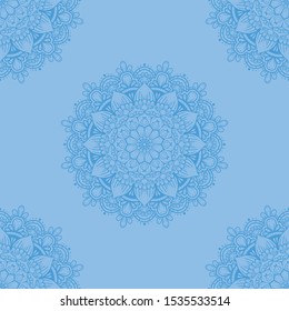 The blue background is decorated with mandala designs