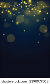 the blue background is decorated with small lights and gold sparkles and bokeh