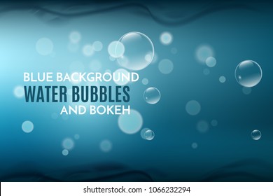 Blue background with deep water bubbles, waves and bokeh. underwater backdrop, vector illustration eps10