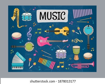 Blue background design with musical instruments. Variety of instruments for musicians. Concert and entertainment concept. Template for promotional or invitation web page