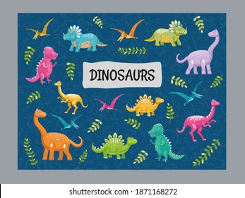 Blue background design with variety of cute dinos. Funny dinosaur characters smiling and standing. Creatures and fossil reptiles concept. Template for promotional or invitation web page