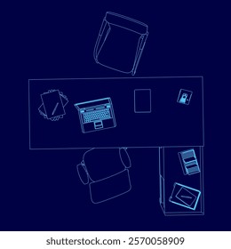 Blue background with a desk with a laptop, a keyboard, a mouse, a cell phone, a tablet, a book, and a pen