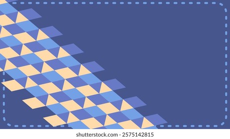 A blue background with a diagonal pattern of light blue and yellow squares within a dashed frame.