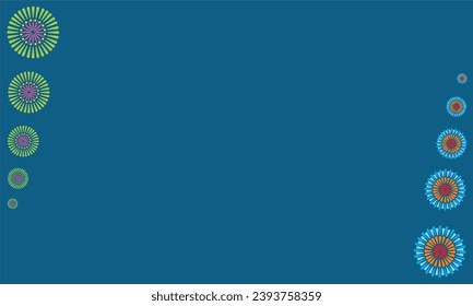 fondo azul con diferentes adornos florales de colores en los lados