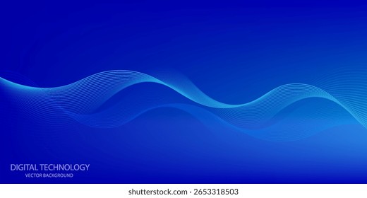 Fundo azul, vetor de tecnologia digital com linhas onduladas brilhantes.