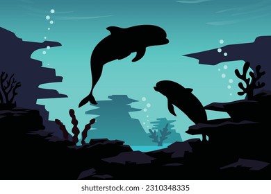 A blue background with a dolphin and a dolphin