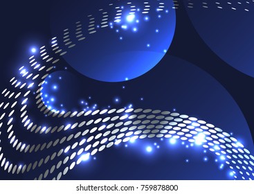 Blue background with dotted wave. 
Cosmic background with a shiny wave. 
A wave of dots glitters - vector background.