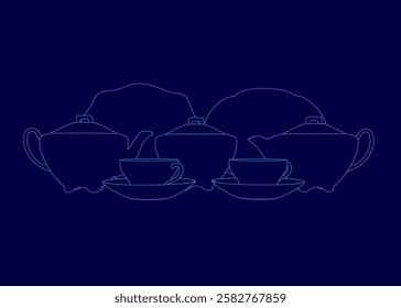 A blue background with a drawing of five teacups and a teapot. The teacups are arranged in a row, with the teapot in the middle. Concept of elegance and sophistication