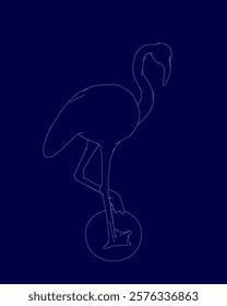 Blue background with a blue drawing of a flamingo standing on a ball. The flamingo is the main focus of the image, and the ball is the background. The image has a whimsical