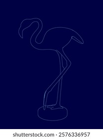 Blue background with a blue drawing of a flamingo. The flamingo is standing on a pedestal and has a long neck. The image has a calm and serene mood, with the flamingo being the main focus