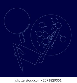 Blue background with a drawing of a plate of fruit and a pen. The pen is on top of a piece of paper