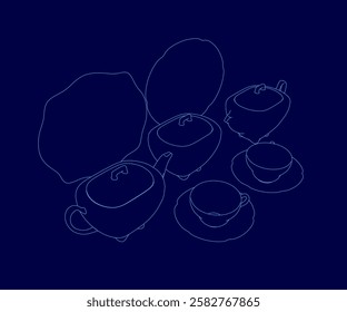 A blue background with a drawing of a tea set. The tea set is made up of a teapot, a cup, and a saucer. The teapot is placed on a table, and the cup