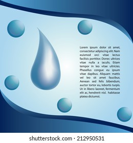 a blue background with a drop of water, text, waves, and bubbles