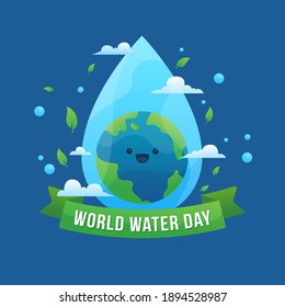 blue background with drops and cute cartoon earth illustration for the water world day Vector