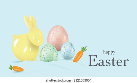 Fondo azul para Pascua con conejo amarillo, huevos de Pascua y zanahorias. Plantilla para fondo, banner, tarjetas, publicidad. Fondo vectorial realista. 