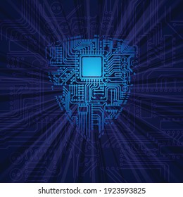 Blue background with electrical circuit board and guardian shield cyber data protection and shine light rays