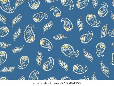 Arrière-plan bleu avec d'élégants motifs cachemire blanc jaune.