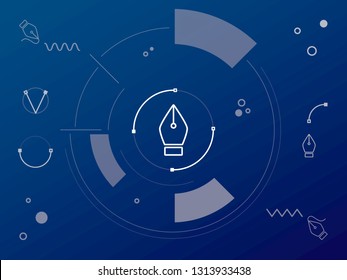 blue background with elements of Bezier curves, pen, curves and circles, wavy and straight lines in the style of the future