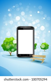 Blue Background with Empty Mobile Phone bench and trees