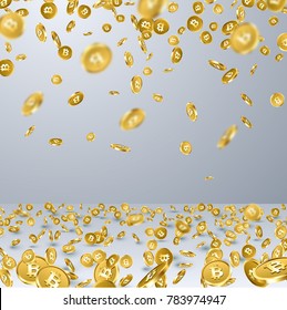 Fondo azul con monedas de oro en caída. Ilustración de dinero vectorial.