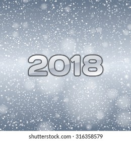 Blue background with falling snow and numbers of 2018. New year symbol.