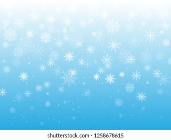 Blue background with falling snow and snowflakes for new year and Christmas, for greeting card, posters, printing and web