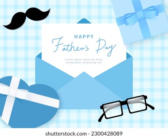 Blue background of Father's day card with gift box and glasses.