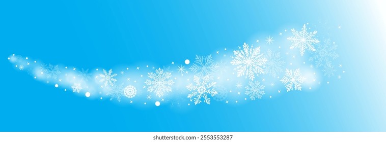 A blue background with feather-like snowflakes and a winter holiday design. The wind blows the snowflakes along the wind, creating a beautiful path. Christmas and Happy New Year Concept.