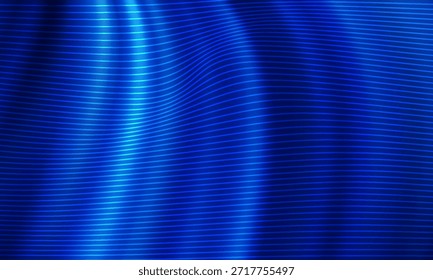 fundo azul apresenta linhas fluindo, iluminadas formando ondas suaves. Evoca movimento, profundidade e modernidade; versátil para sobreposições e apresentações.