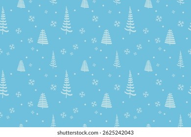 Blue background features seamless vector pattern of gray pine trees and snowflakes, creating cheerful atmosphere perfect for winter celebrations Holiday mood Wrapping paper design