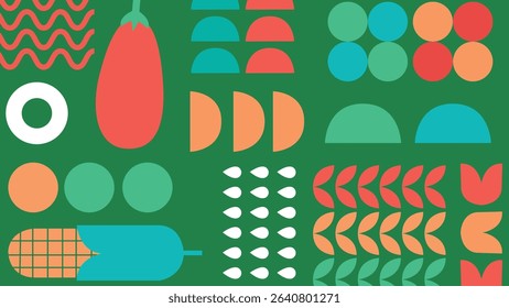 Blue background featuring abstract pumpkins, leaves, and colorful farming shapes in a bold flat style with vibrant plant based visuals.