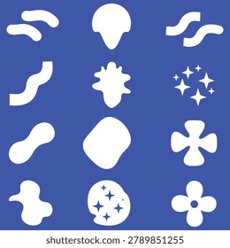 A blue background filled with various white organic and geometric shapes arranged randomly across the canvas.