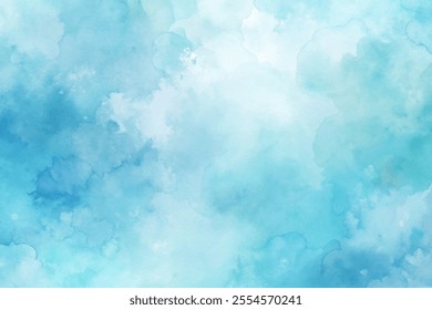 The blue background is filled with watercolor brush strokes. The sky is a light blue color and the clouds are white. The brush strokes are very loose and free, giving the painting a dreamy