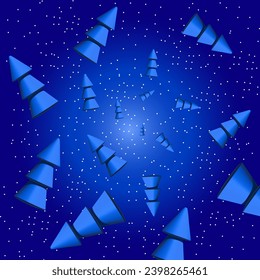 Fondo azul con fina nieve blanca y árboles de abetos 3D de diferentes tamaños. Vector