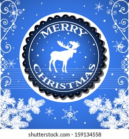 Blue background with fir branches, snowflakes and a moose in the middle. Christmas greeting concept