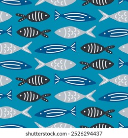 Blue background and fish in gray and black colors. Aquarium background from drawn simple fish.