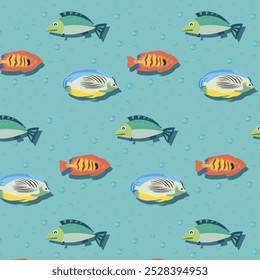 Blue background with fish.Vector seamless pattern with colorful fish and bubbles on a blue background.