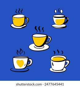 A blue background with five cups of coffee with steam coming out of them. The cups are drawn in a cartoon style and have different designs on them