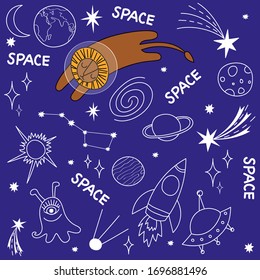 Blue background, flat design cosmos. Cute pattern with an astronaut lion, rocket, planets, flying saucer. Vector doodle, cartoon, set of space objects and symbols. Postcard, packaging, wallpaper.