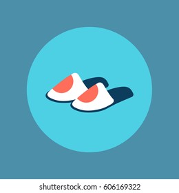 blue background flat design footwear with pair or two hotel & home slippers icon vector isolated with label illustration in a rounded circle