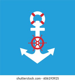 blue background flat design style with white & red anchor of ship vector icon isolated with Life Buoy or saver illustration & clean simple nautical rudder ship helm wheel. modern cool Marine Equipment