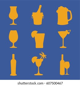 blue background flat design style with many simple  silhouette Different drinks buttons icons of Alcohol  with bottle and glass vector illustration