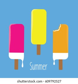 blue background flat design vector illustration popsicles ice cream dripping & text summer. Flavors or taste of popsicle like orange, lemon, Raspberries, cherry and strawberries with vanilla inside