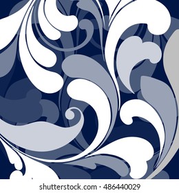 Blue background with floral pattern. Frosty pattern on glass.