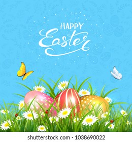 Blue background and floral pattern   lettering Happy Easter  flying butterflies   colorful Easter eggs in grass   flowers  illustration 