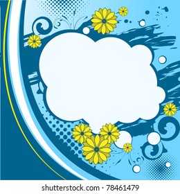 Blue background with flourishes, flowers, blots and a place for text