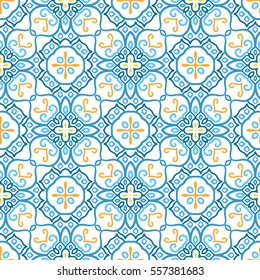 Blue background. Flower Seamless Pattern. Colorful weave stylized floral ornament vector. Yellow intricate luxury decoration. Flourish furniture fabric print, wallpaper. Curvy interior design element.
