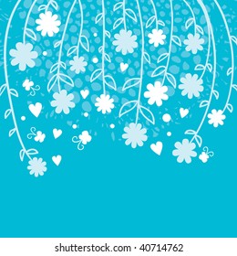 Blue background with flowers and butterflies