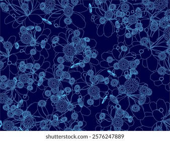 Blue background with a lot of flowers and butterflies. The flowers are in different sizes and shapes, and the butterflies are scattered throughout the image